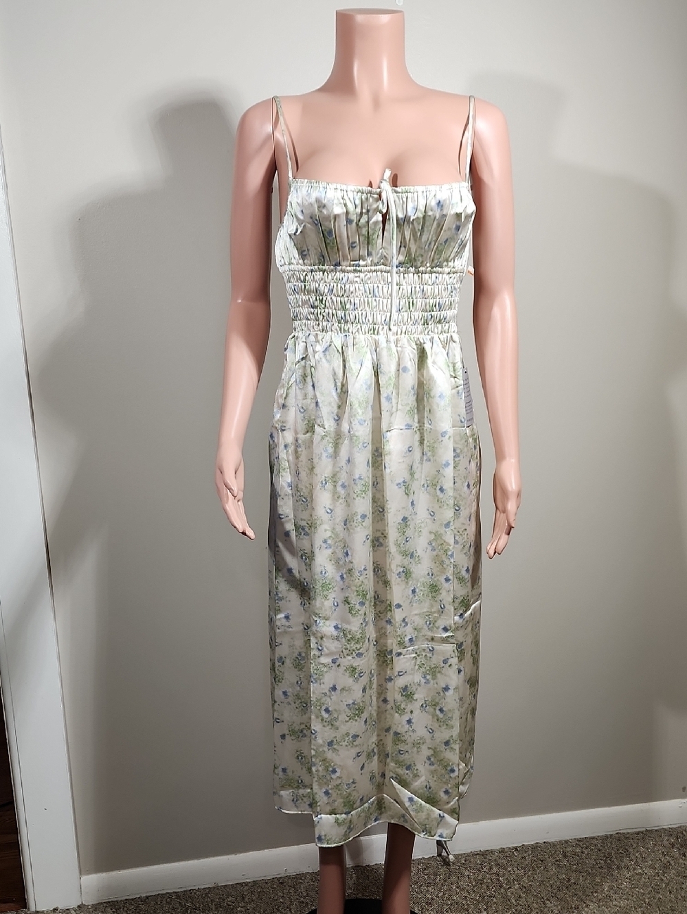 Astr Floral Smocked Midi Dress in Light Green and Blue